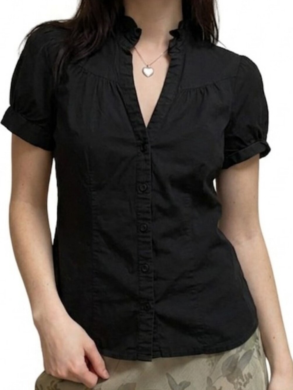 Puff Sleeve Black Button Up